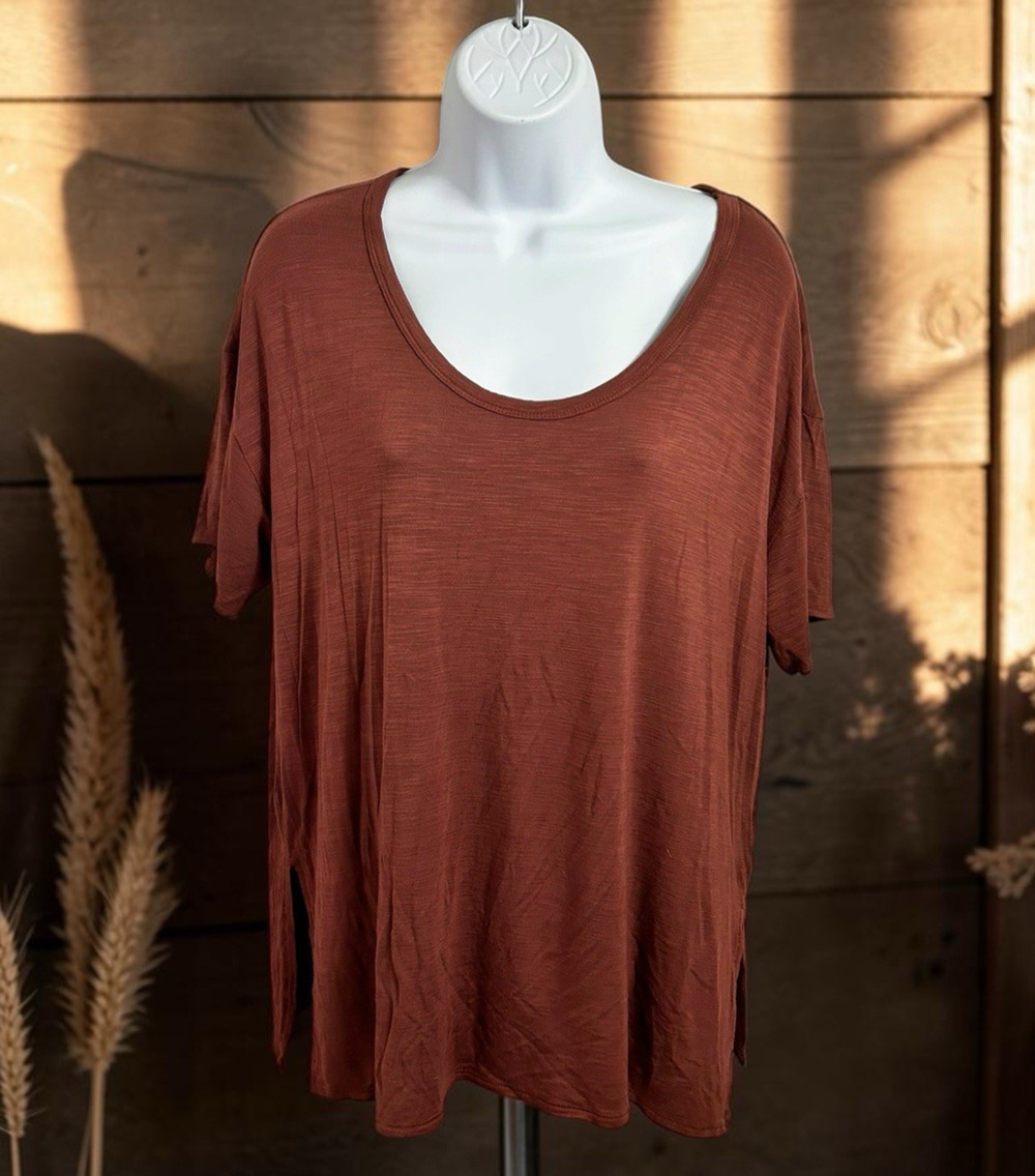 Old Navy Luxe Brown Blouse Sz S Short Sleeve Comfy Oversized Soft Tee Shirt